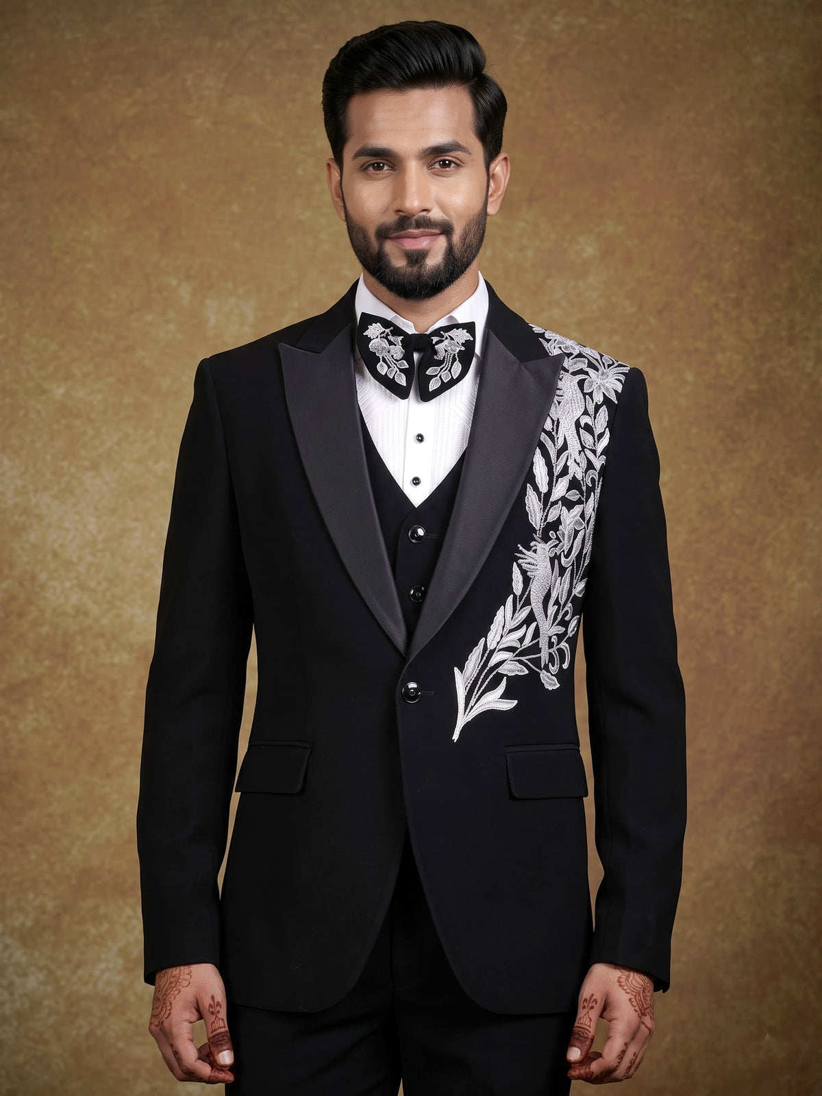 Black terry rayon tuxedo suit with floral cutdana embroidery