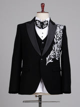 Black terry rayon tuxedo suit with floral cutdana embroidery