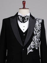Black terry rayon tuxedo suit with floral cutdana embroidery