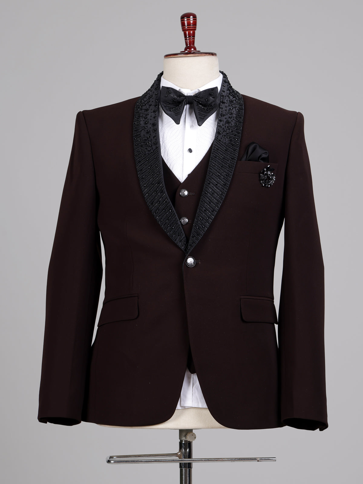 Dark wine terry rayon tuxedo suit with embellished black shawl lapel