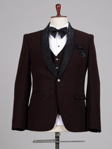 Dark wine terry rayon tuxedo suit with embellished black shawl lapel