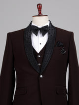 Dark wine terry rayon tuxedo suit with embellished black shawl lapel