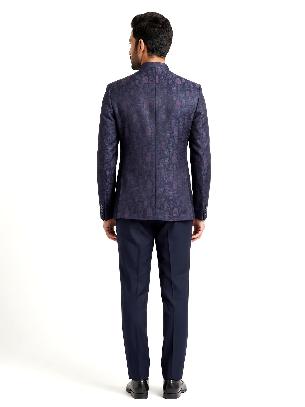 Midnight navy jacquard Jodhpuri suit with royal jharokha motif