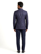 Midnight navy jacquard Jodhpuri suit with royal jharokha motif