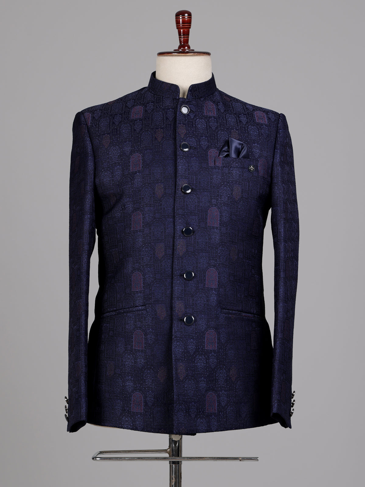 Midnight navy jacquard Jodhpuri suit with royal jharokha motif