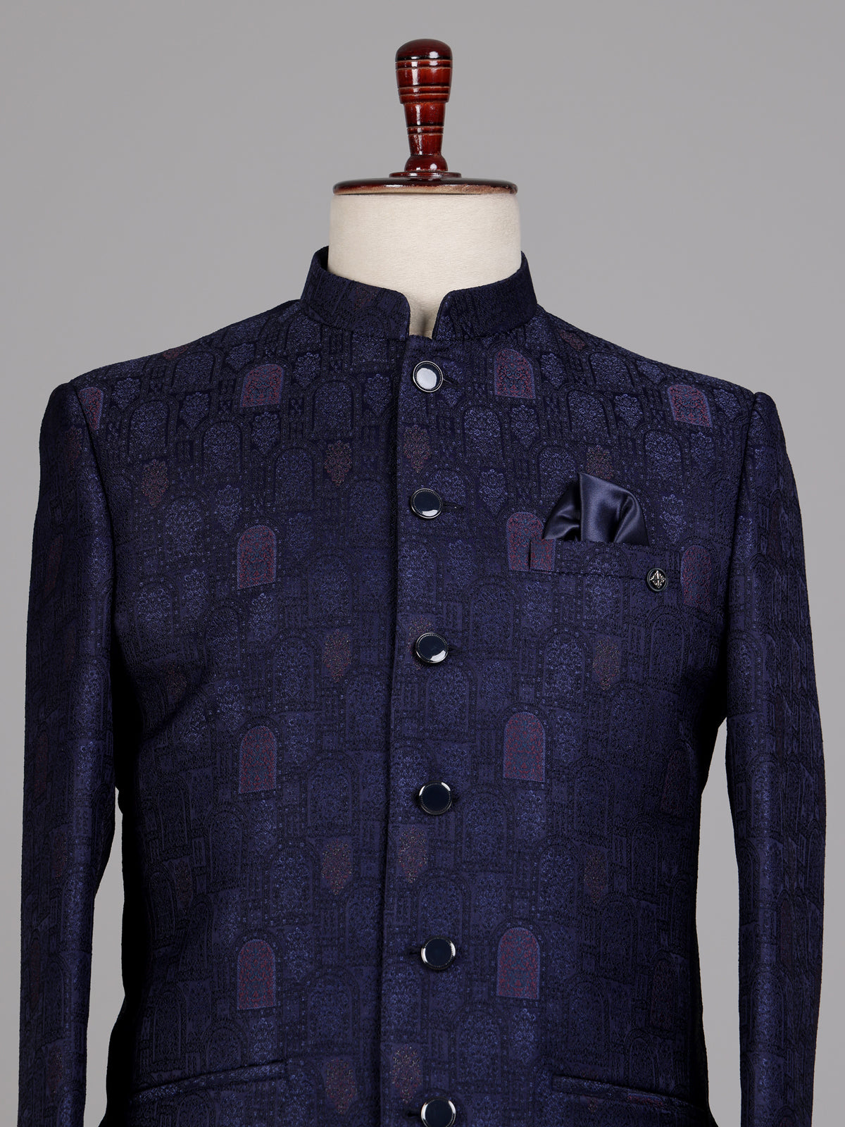 Midnight navy jacquard Jodhpuri suit with royal jharokha motif