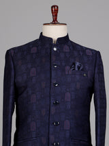 Midnight navy jacquard Jodhpuri suit with royal jharokha motif