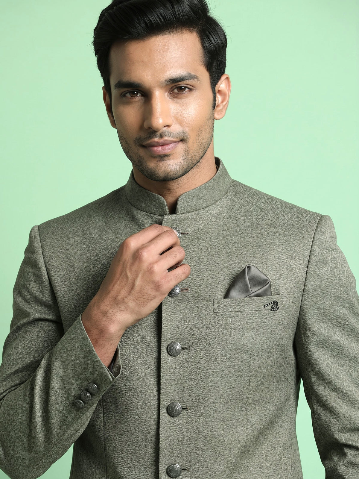 Sage olive jacquard silk Jodhpuri suit with crest buttons