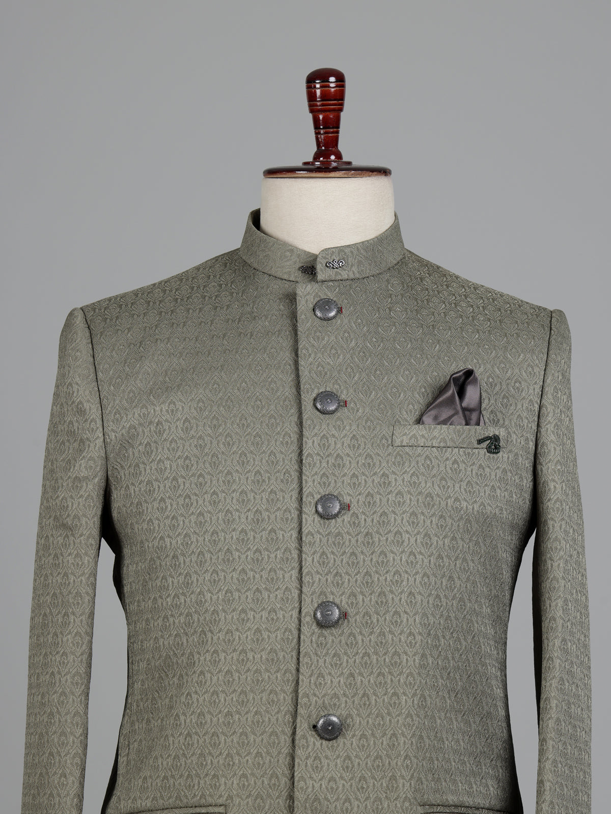 Sage olive jacquard silk Jodhpuri suit with crest buttons