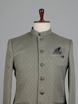 Sage olive jacquard silk Jodhpuri suit with crest buttons
