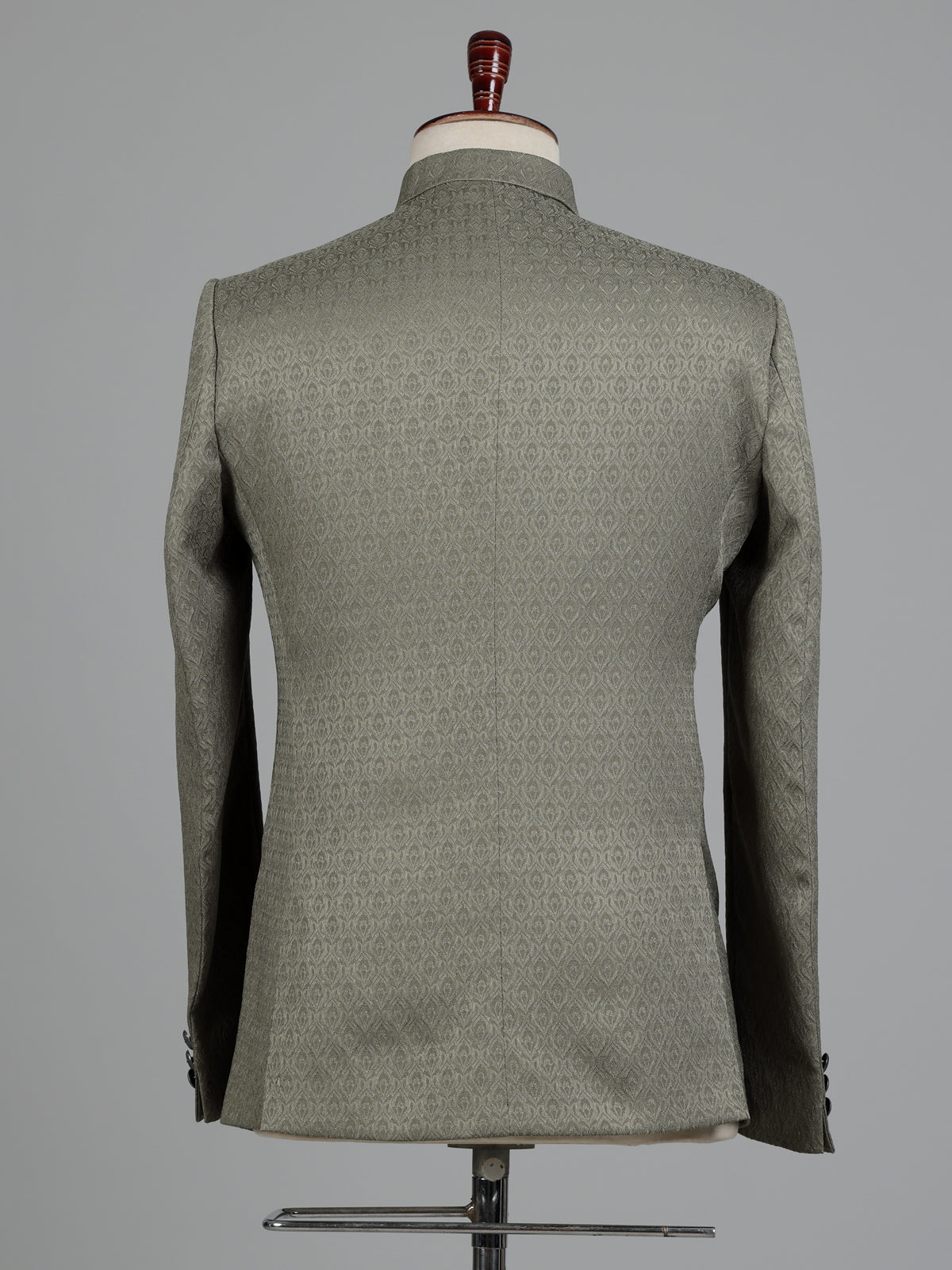 Sage olive jacquard silk Jodhpuri suit with crest buttons