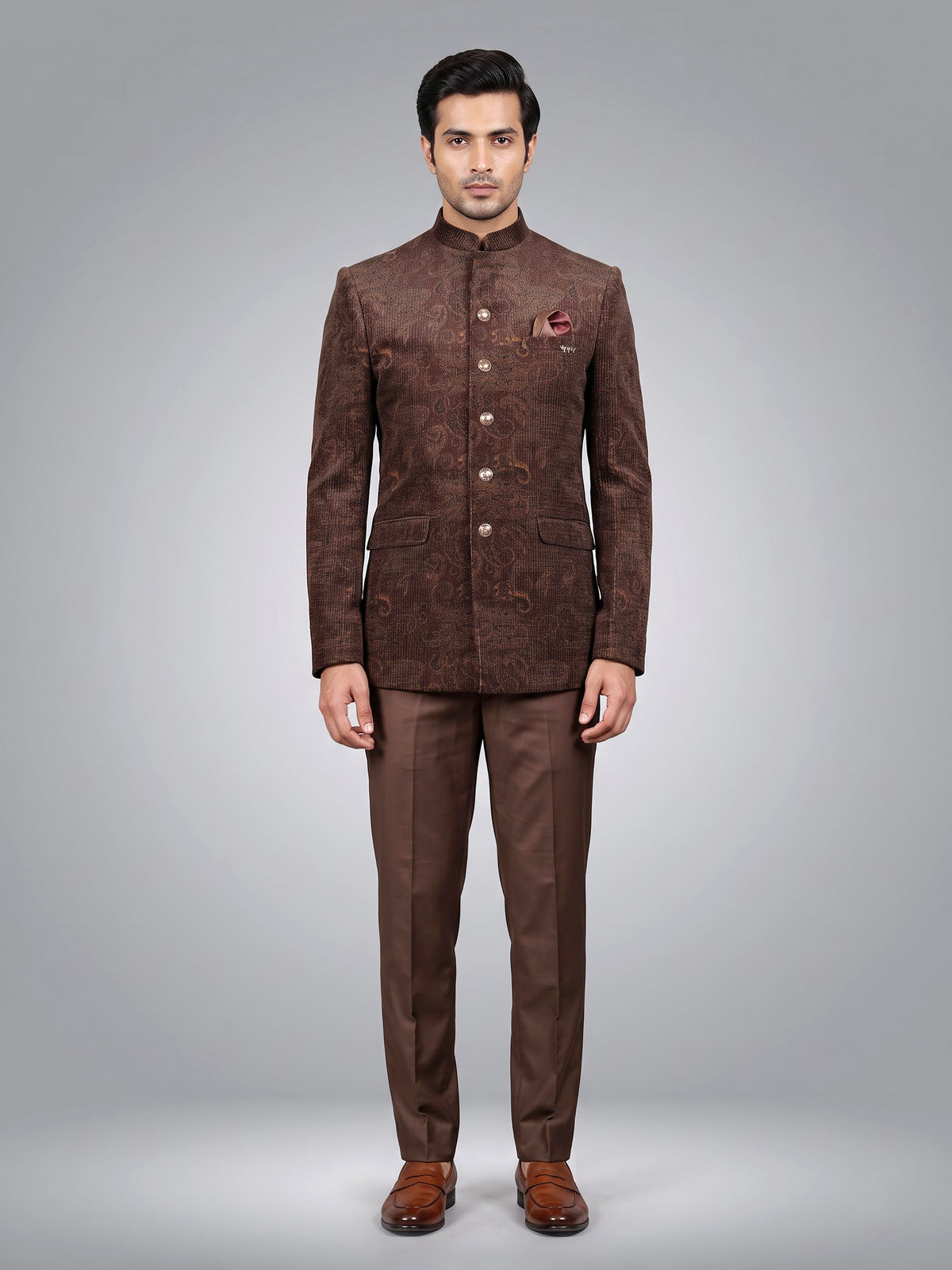 Coffee brown velvet Jodhpuri suit with regal paisley detailing