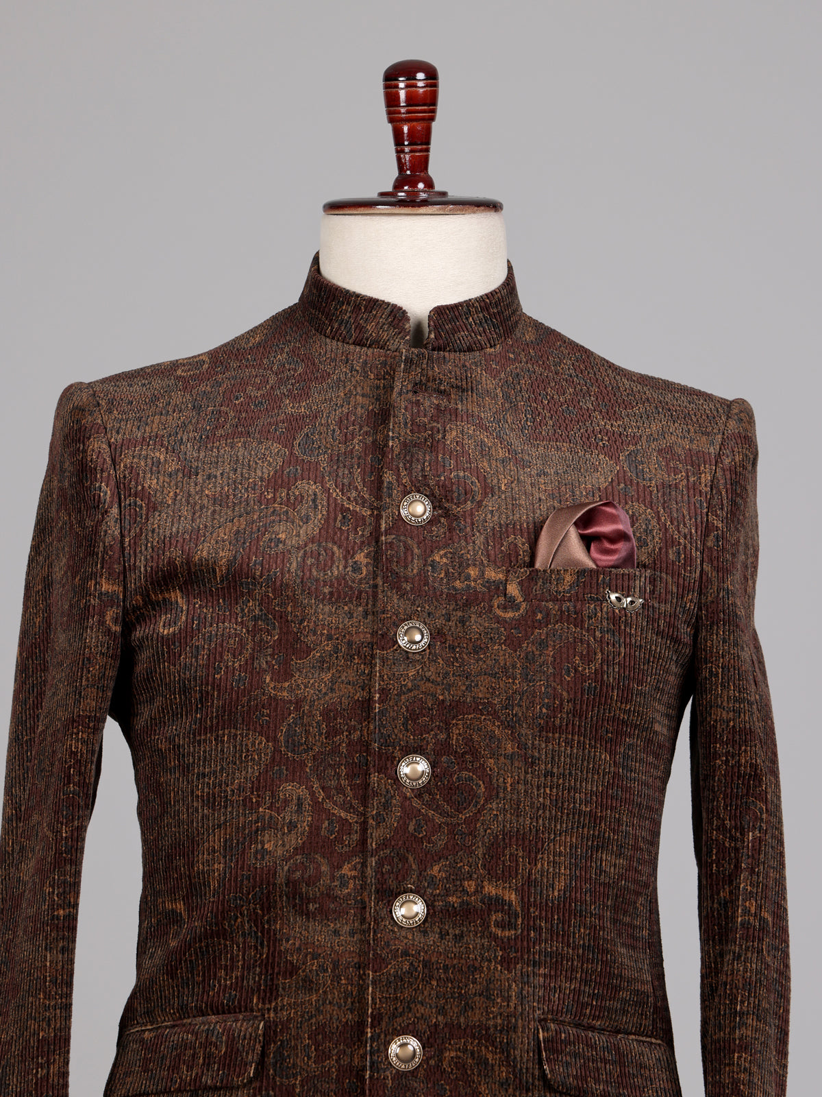 Coffee brown velvet Jodhpuri suit with regal paisley detailing