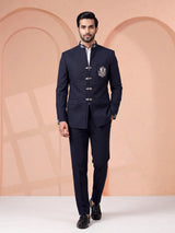 Midnight navy Jodhpuri suit with silver crest embroidery