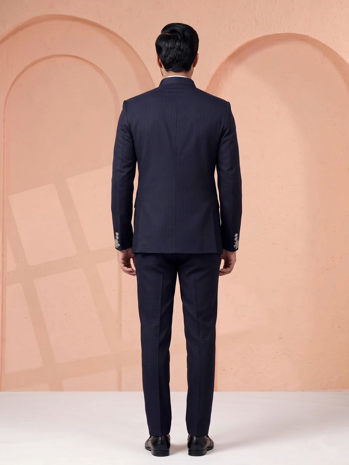 Midnight navy Jodhpuri suit with silver crest embroidery