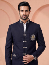 Midnight navy Jodhpuri suit with silver crest embroidery