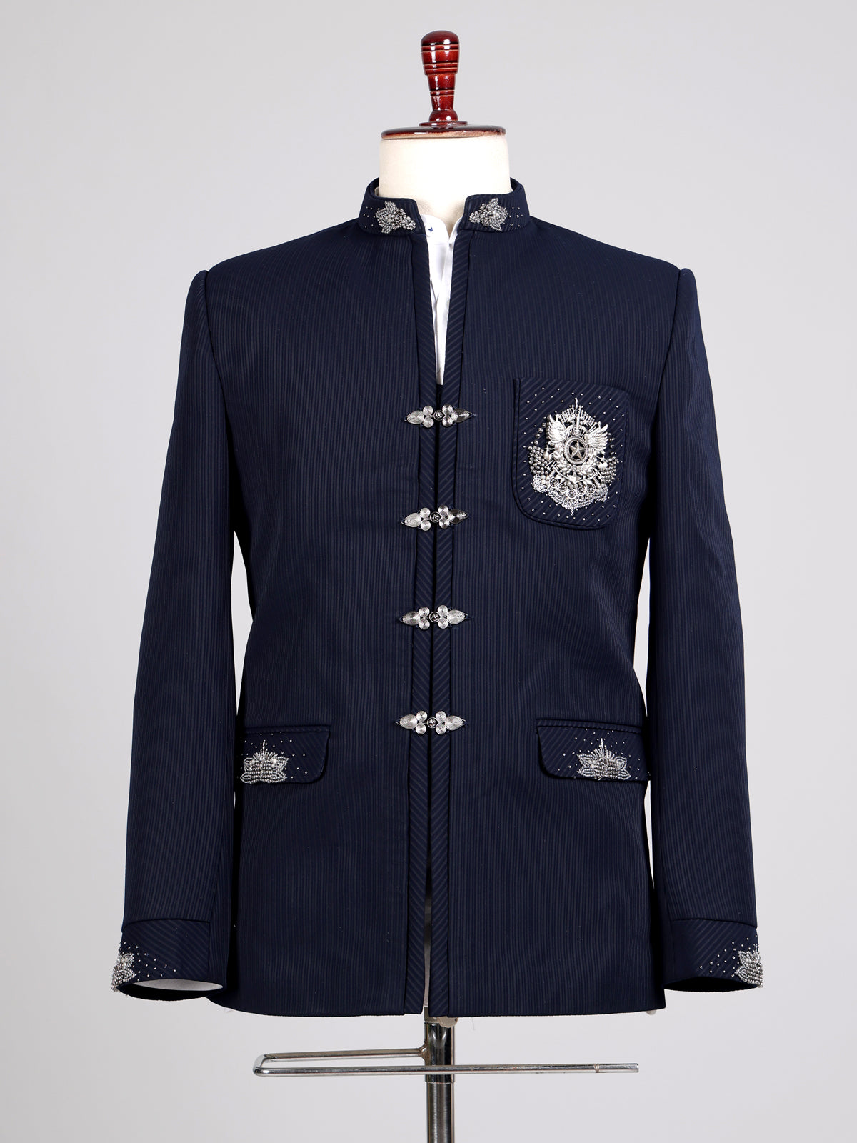 Midnight navy Jodhpuri suit with silver crest embroidery