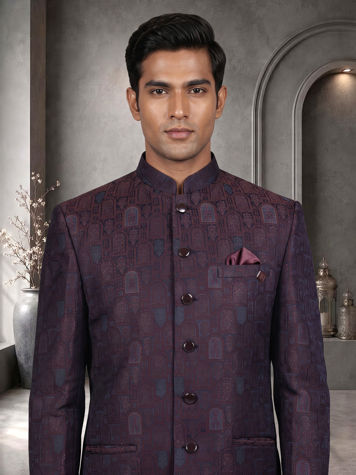 Regal blue Jodhpuri suit with brocade jharokha pattern