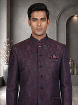 Regal blue Jodhpuri suit with brocade jharokha pattern