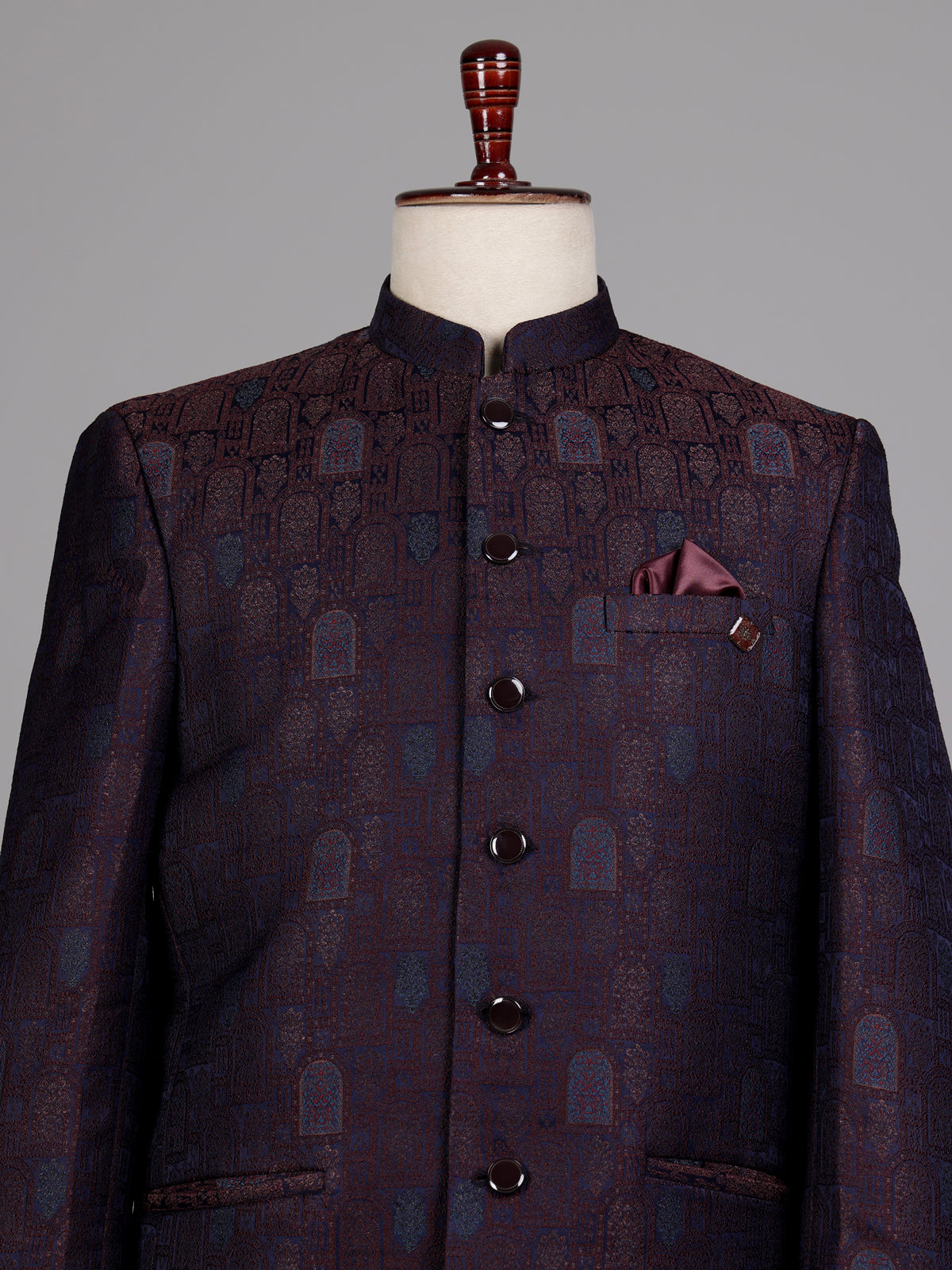 Regal blue Jodhpuri suit with brocade jharokha pattern