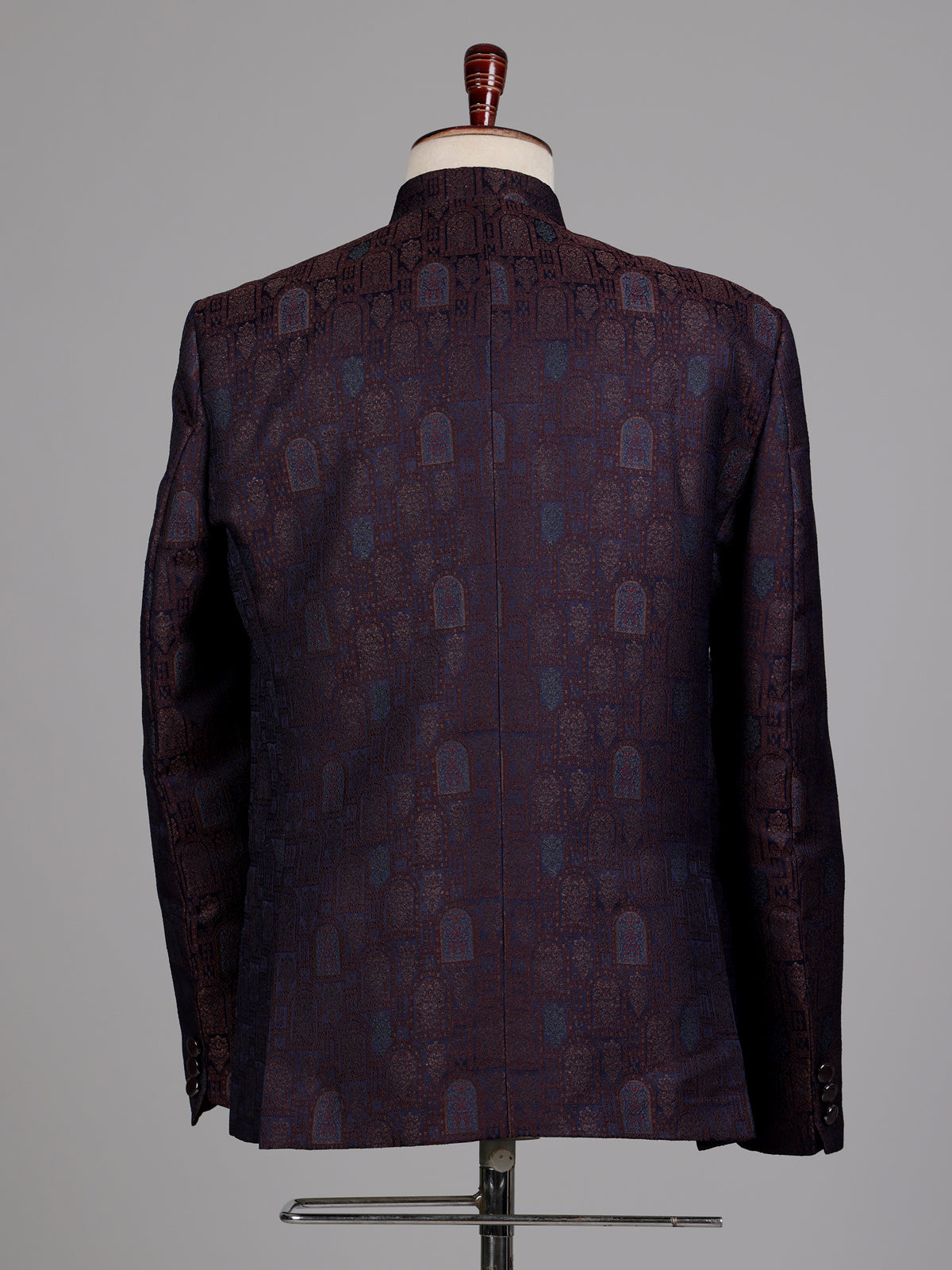 Regal blue Jodhpuri suit with brocade jharokha pattern