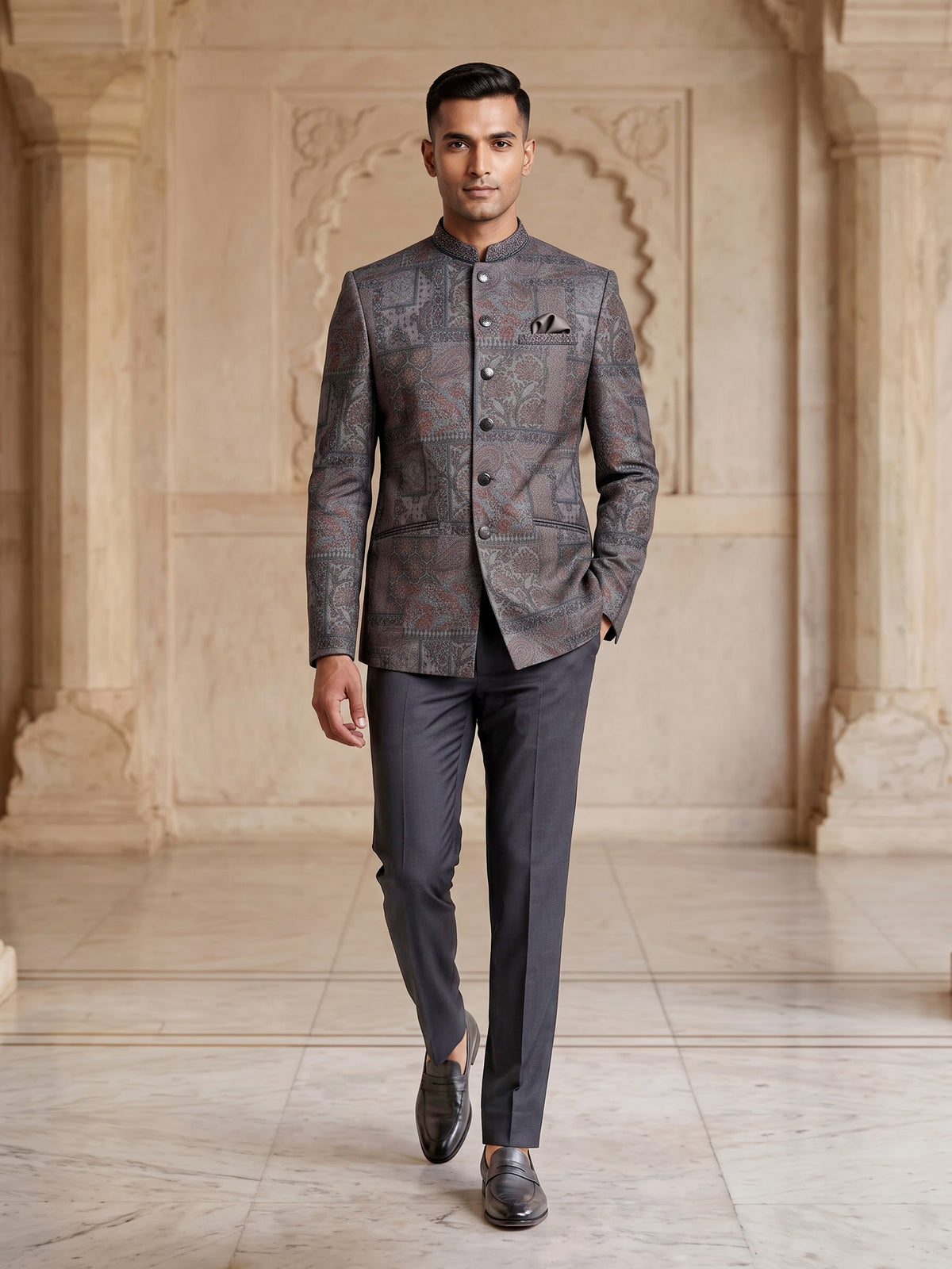 Charcoal grey Jodhpuri suit with paisley jacquard