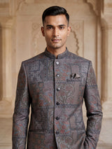 Charcoal grey Jodhpuri suit with paisley jacquard