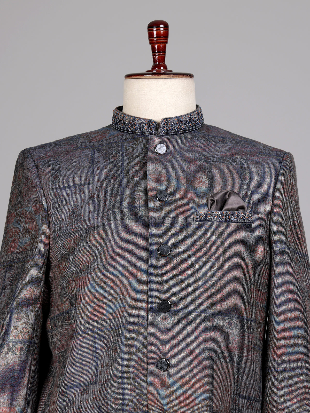 Charcoal grey Jodhpuri suit with paisley jacquard