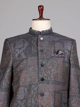 Charcoal grey Jodhpuri suit with paisley jacquard