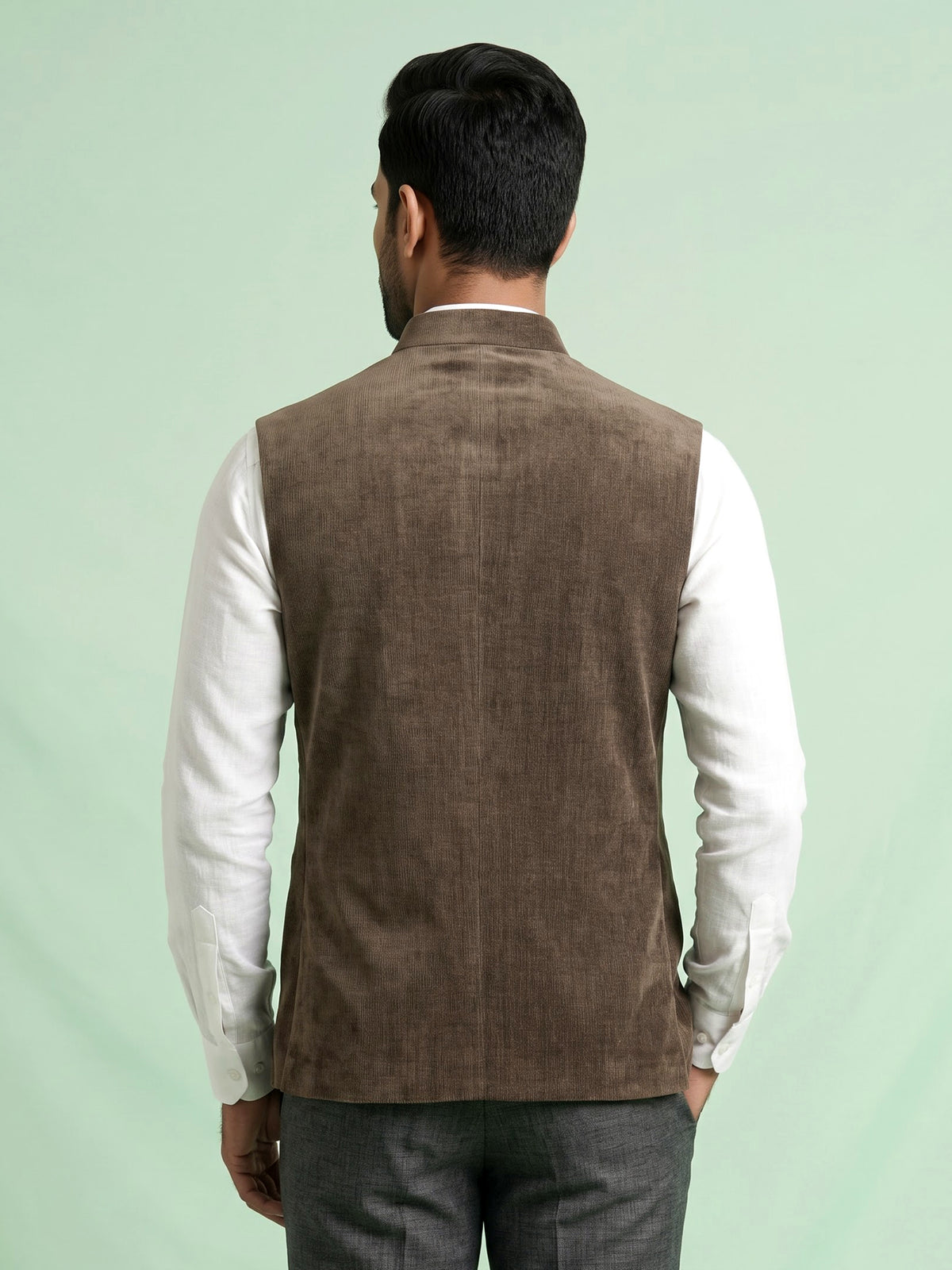 Olive brown Nehru waistcoat with antique floral crest embroidery