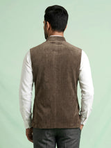 Olive brown Nehru waistcoat with antique floral crest embroidery