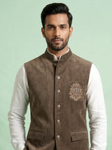 Olive brown Nehru waistcoat with antique floral crest embroidery