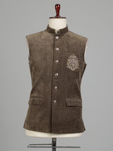 Olive brown Nehru waistcoat with antique floral crest embroidery