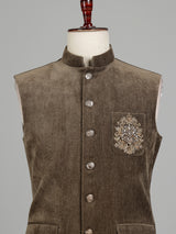 Olive brown Nehru waistcoat with antique floral crest embroidery