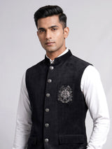 Midnight black Nehru waistcoat with embroidered medallion crest