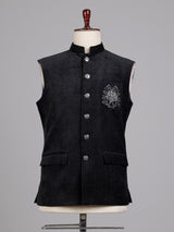 Midnight black Nehru waistcoat with embroidered medallion crest