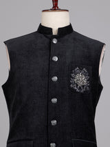 Midnight black Nehru waistcoat with embroidered medallion crest