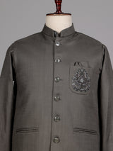 Slate grey ethnic waistcoat set with silver zardozi embroidery