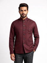 Deep maroon plum Nehru waistcoat set with floral crest