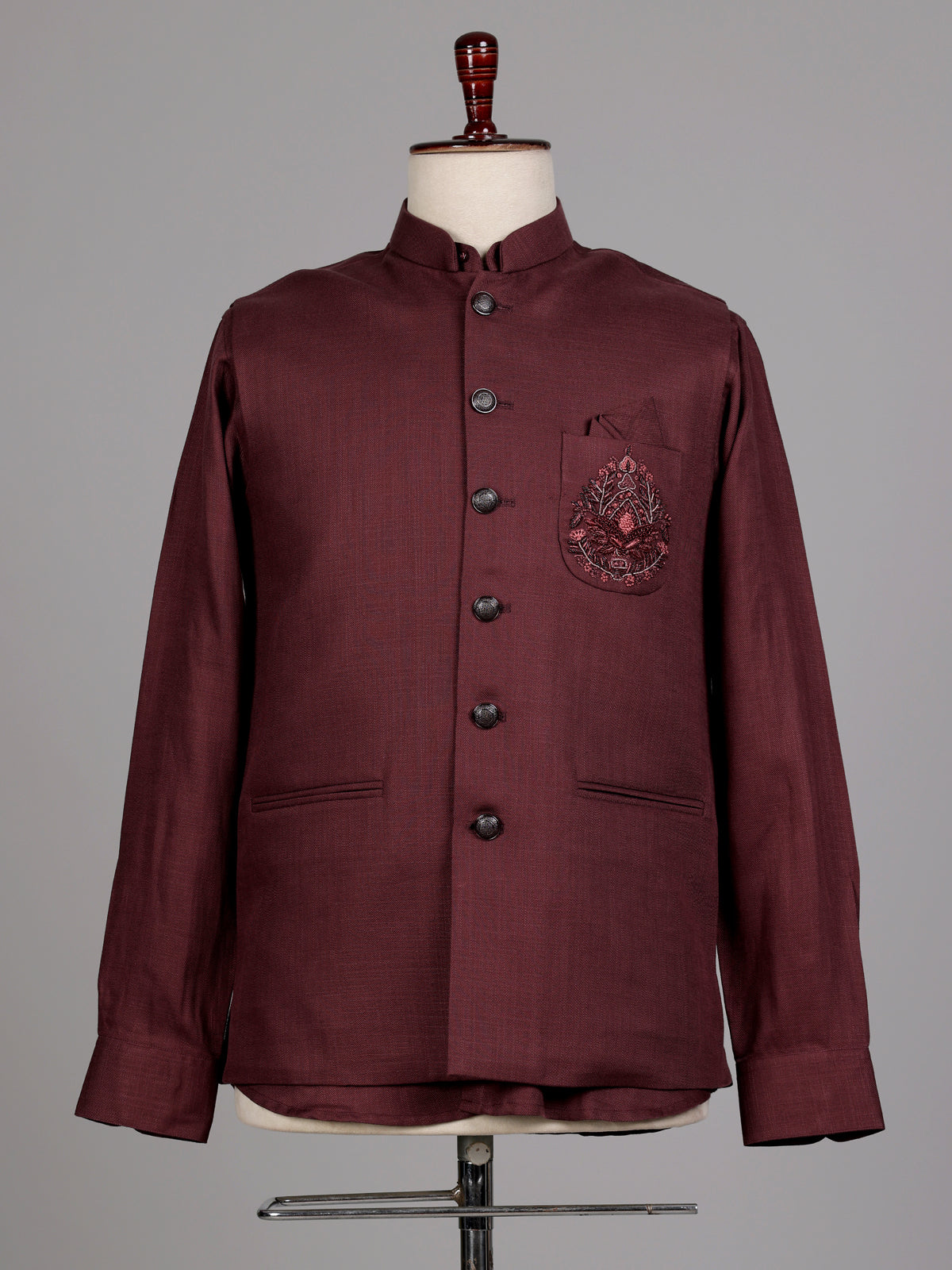 Deep maroon plum Nehru waistcoat set with floral crest