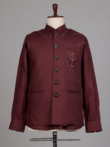 Deep maroon plum Nehru waistcoat set with floral crest