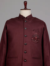 Deep maroon plum Nehru waistcoat set with floral crest