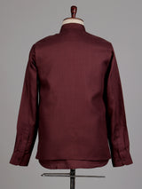 Deep maroon plum Nehru waistcoat set with floral crest