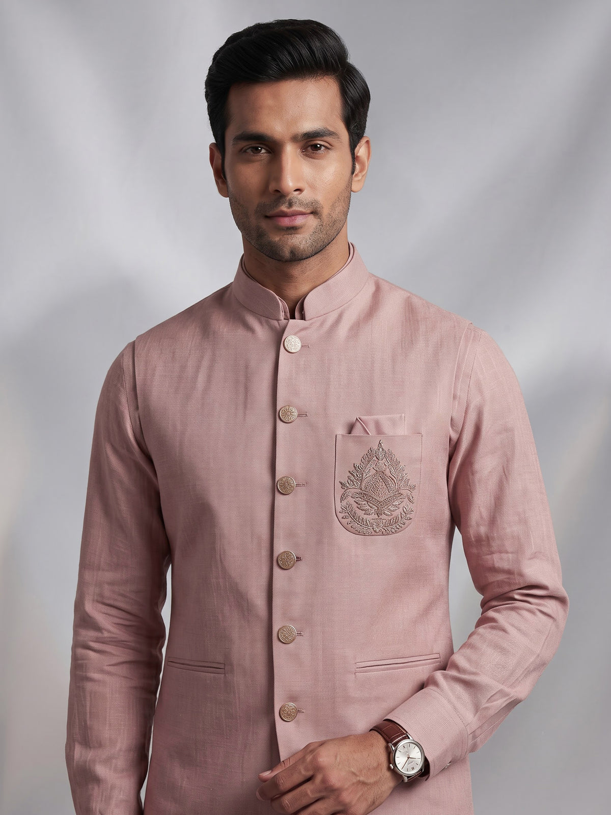 Dusty rose pink waistcoat set with zardozi medallion crest
