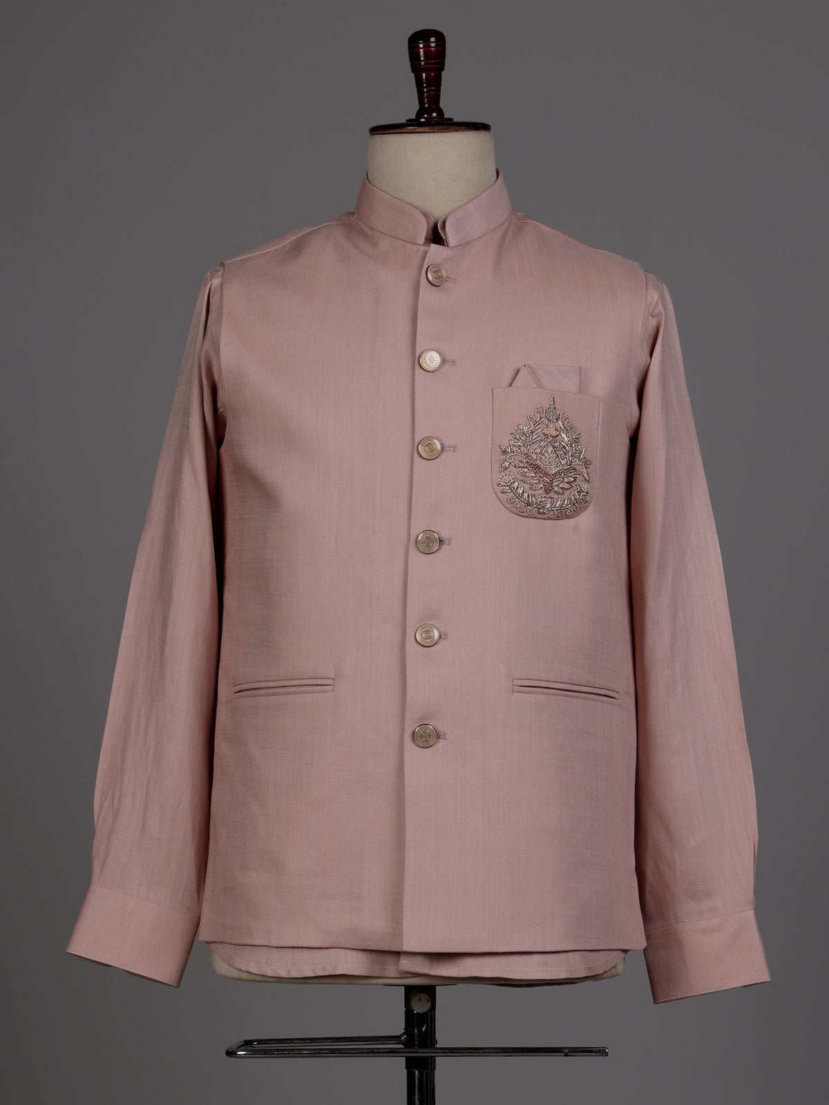 Dusty rose pink waistcoat set with zardozi medallion crest