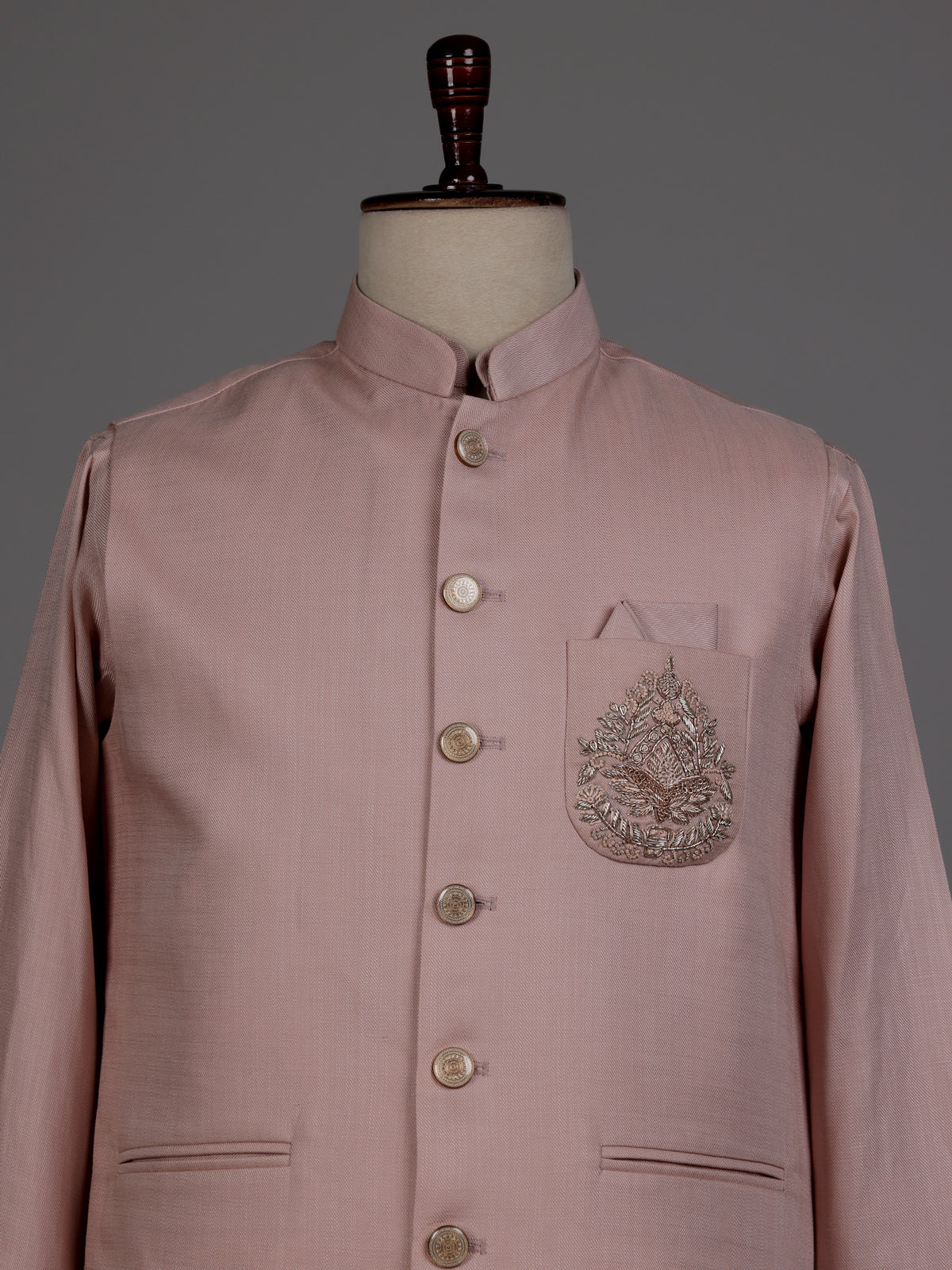 Dusty rose pink waistcoat set with zardozi medallion crest