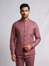 Dusty mauve wine bandhgala waistcoat set with embroidered crest