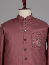 Dusty mauve wine bandhgala waistcoat set with embroidered crest
