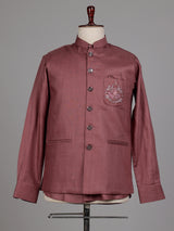 Dusty mauve wine bandhgala waistcoat set with embroidered crest