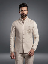 Cream ethnic waistcoat set with silver zardozi crest embroidery